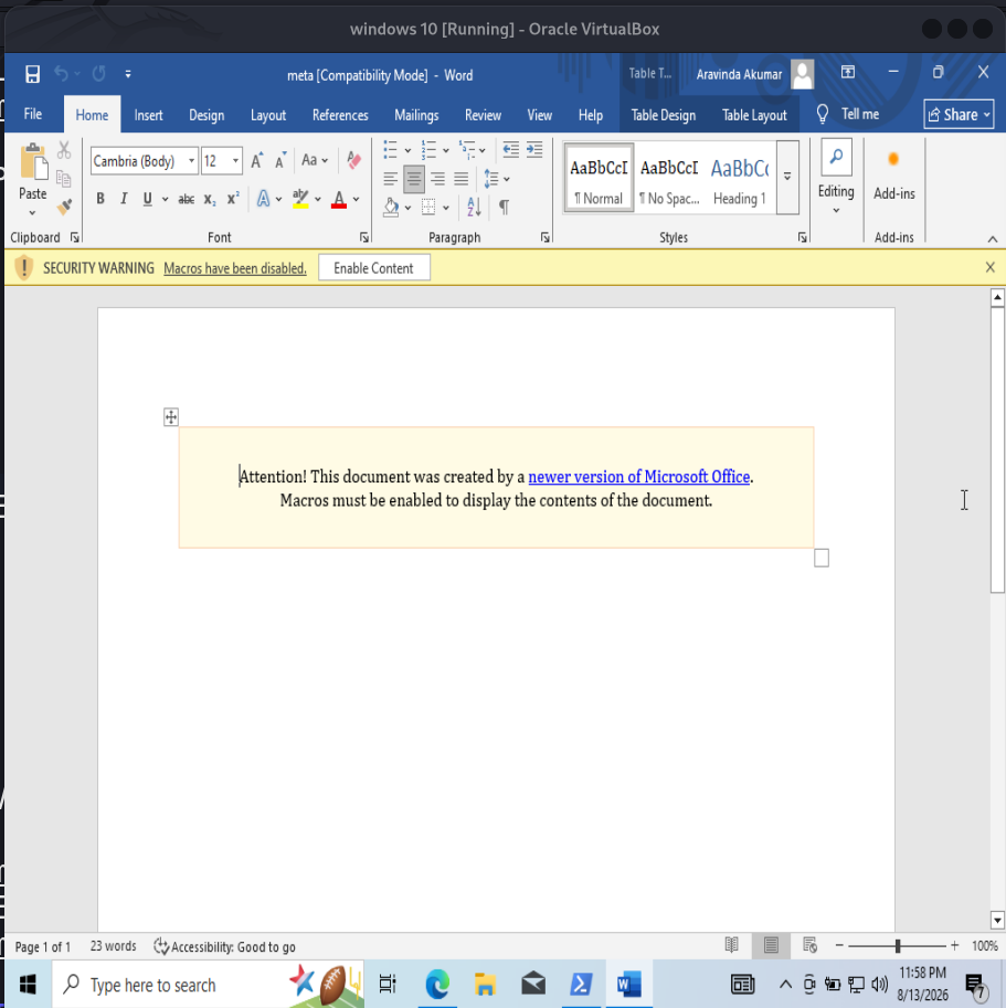 Word document opened with macro enable prompt