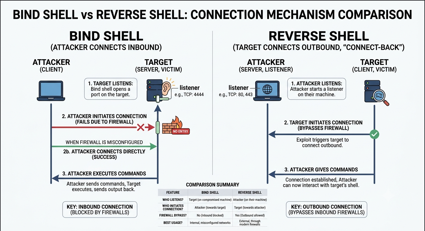 Bind shell vs reverse shell connection mechanism comparison diagram