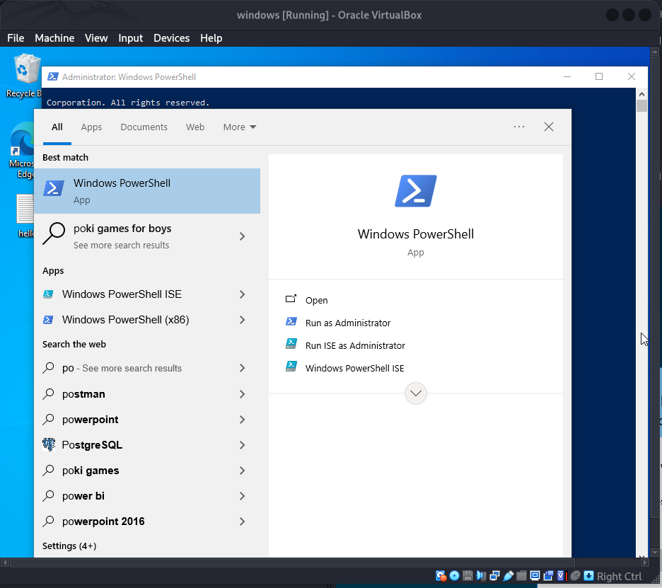 Windows 10 start menu search opening an administrator PowerShell session